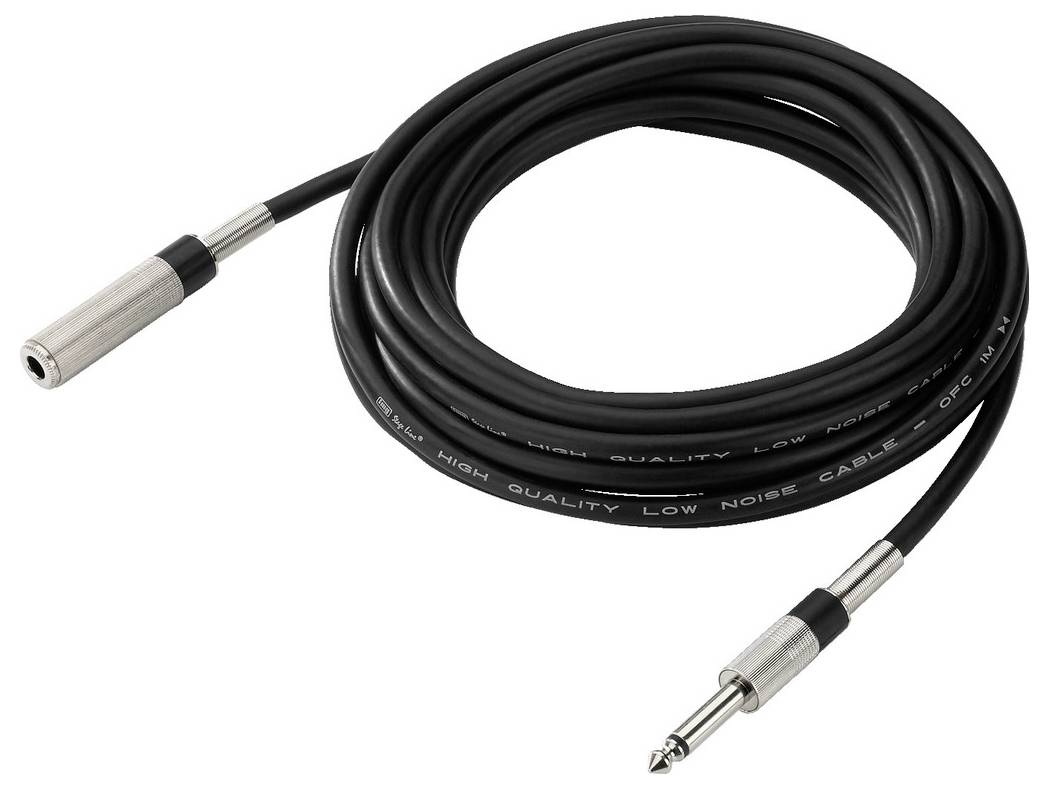 Czarny kabel audio z dwoma srebrnymi wtyczkami jack na końcach, zwinięty i gotowy do użycia w urządzeniach audio.