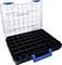 Przezroczyste pudełko z niebieskim uchwytem, zawierające 48 czarnych przegródek do przechowywania małych przedmiotów.