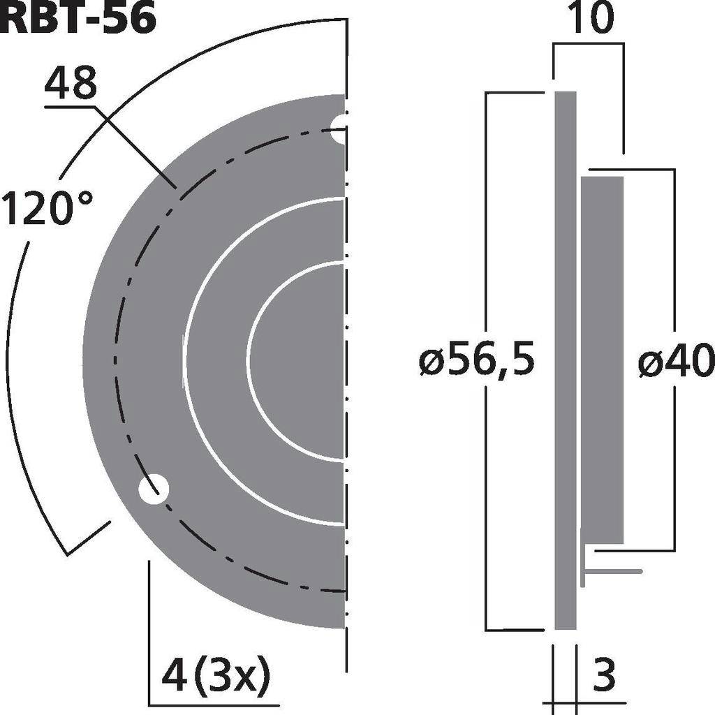 Rysunek techniczny okrągłej tarczy, model 'RBT-56', o wymiarach: średnica 56,5 mm, grubość 3 mm, trzy otwory rozmieszczone w odległości 4 mm, rozłożone co 120 stopni.