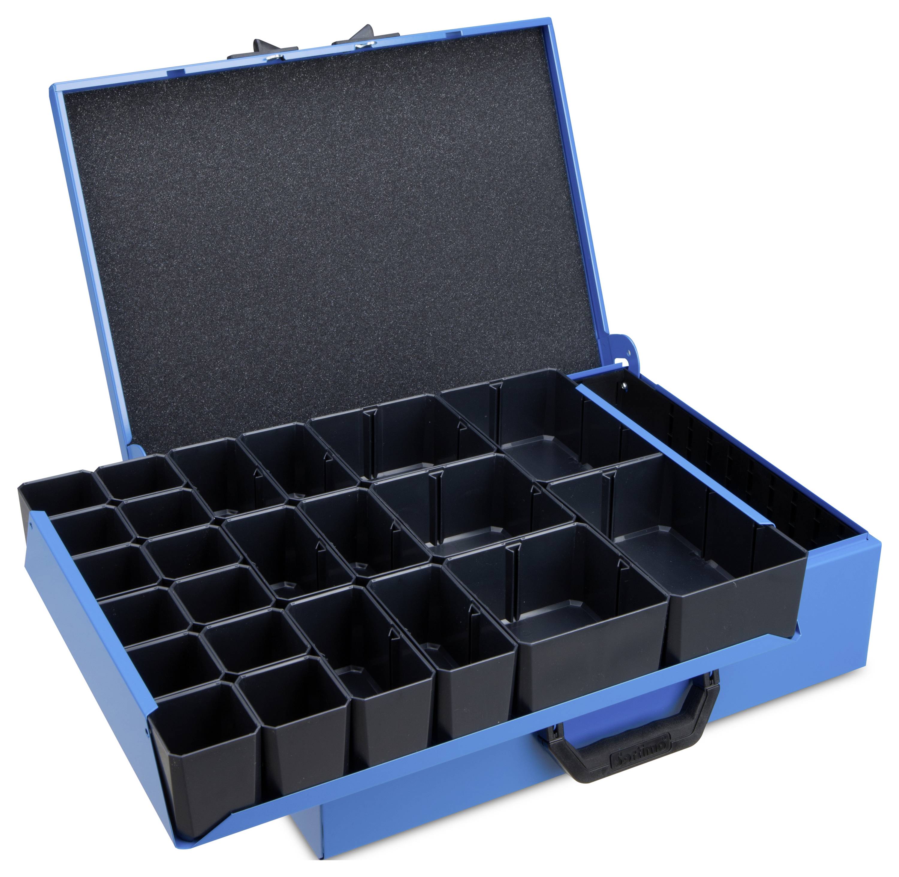 Niebieski kufer narzędziowy z otwartą pokrywą, prezentujący liczne przegródki do przechowywania narzędzi lub drobnych elementów.