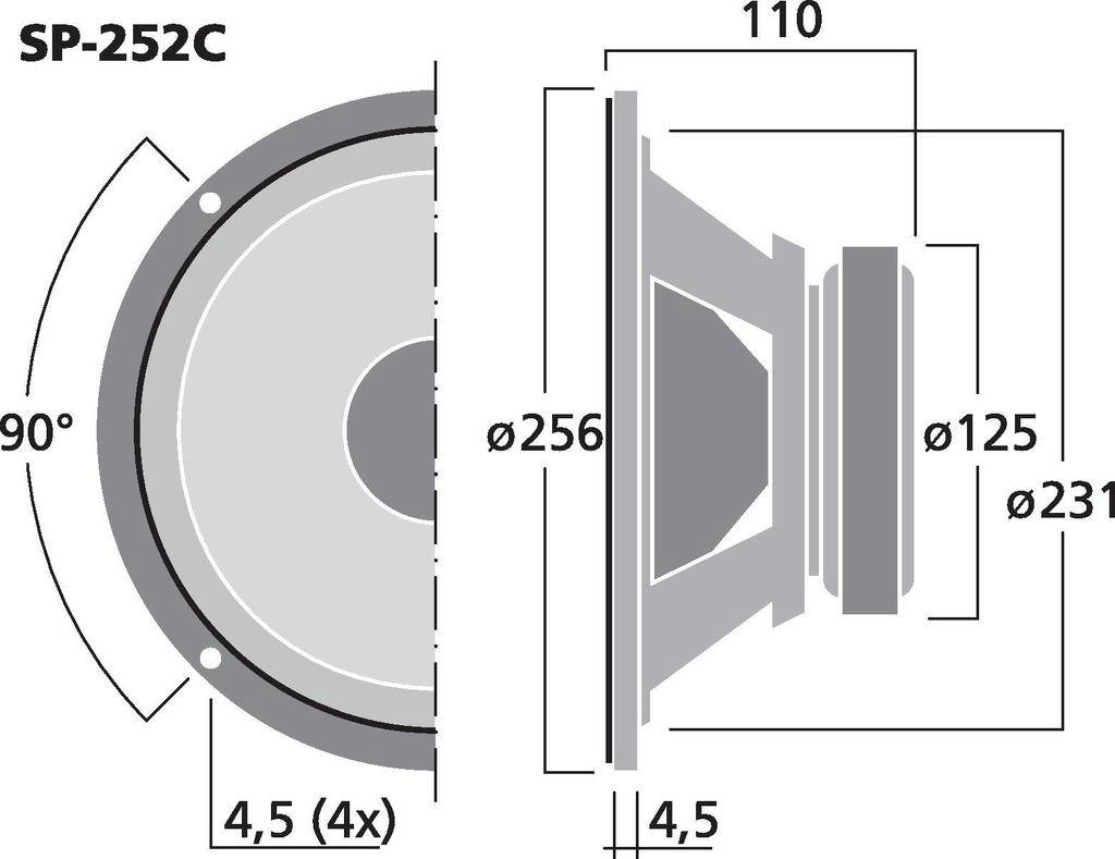 Diagram głośnika przedstawia widok z boku i z przodu z wymiarami: 256 mm średnicy, 110 mm głębokości, otwór 4,5 mm.