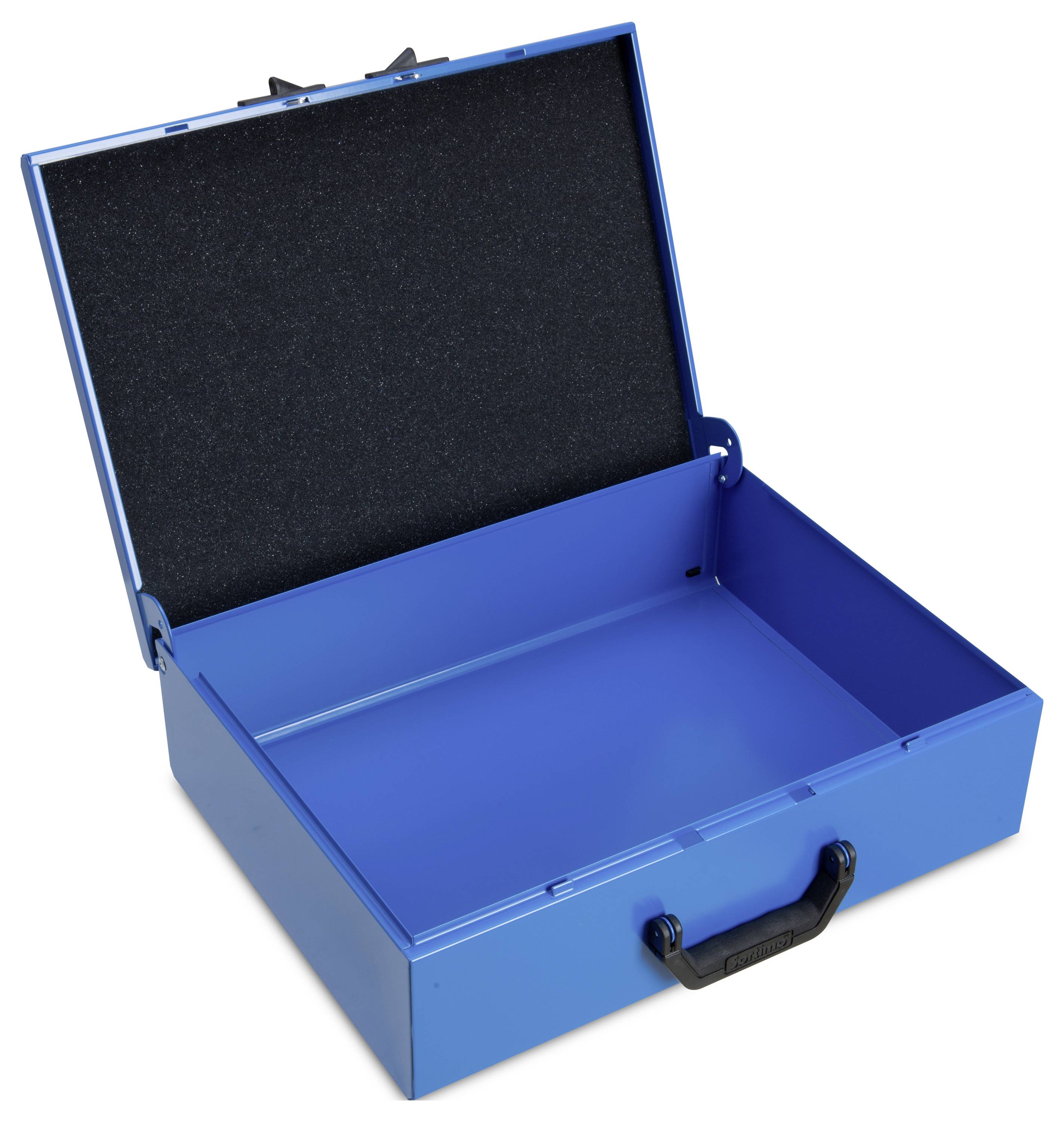 Otwarty niebieski metalowy kufer z czarną rączką i czarną podszewką przedstawia pusty wnętrze.