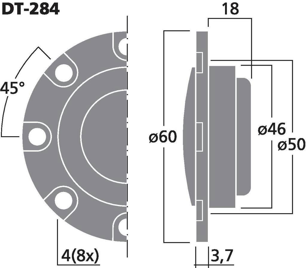 Rysunek techniczny metalowej części DT-284. Po lewej: widok z góry z 4 otworami, kąt 45°. Po prawej: widok z boku z wymiarami: ø60, ø50, otwór ø46, szerokość 18, grubość 3,7.