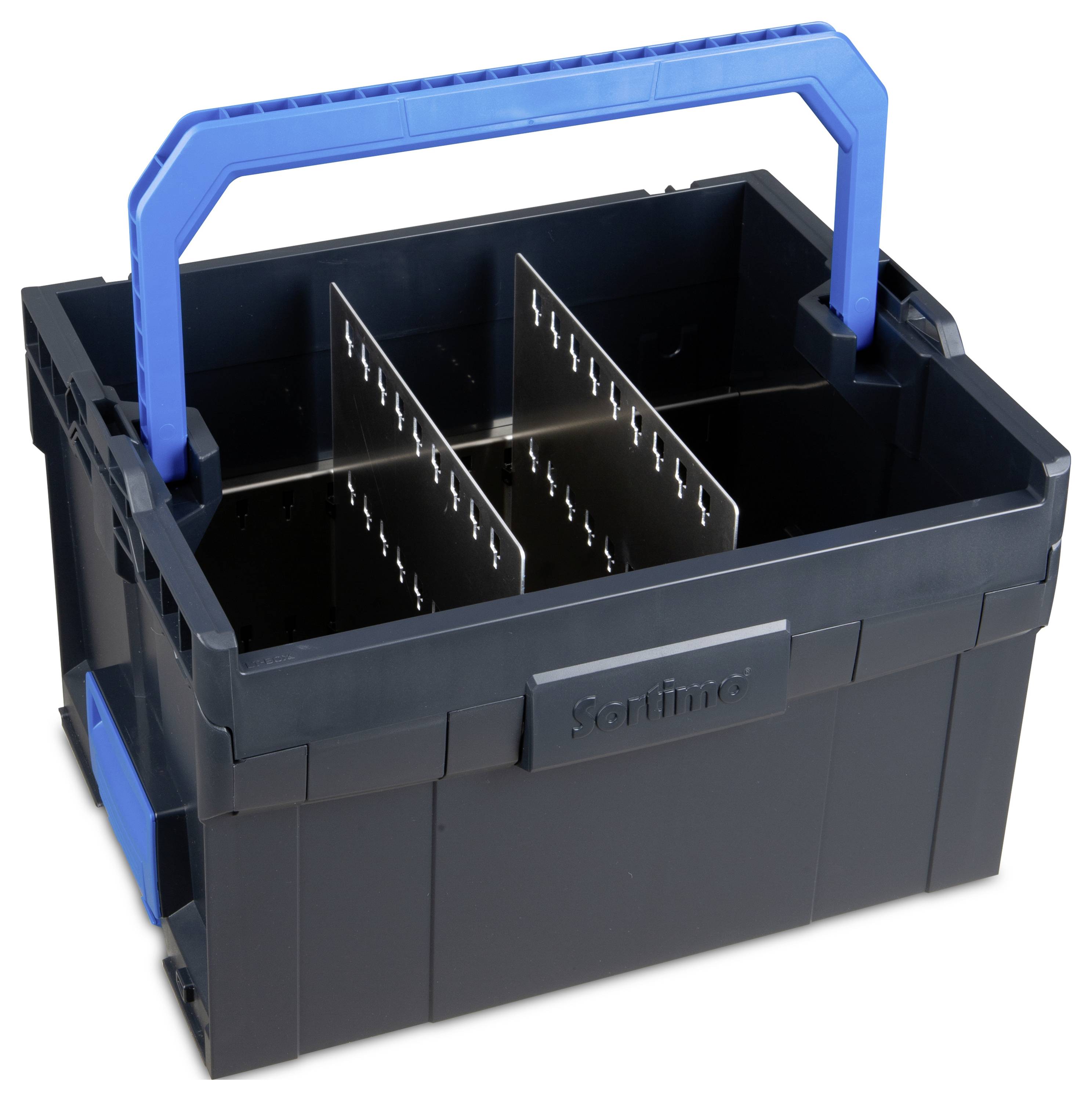 Rysunek przedstawia szarą skrzynkę narzędziową z niebieskim uchwytem i wyjmowanymi przegródkami, idealną do organizacji narzędzi.