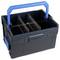 Rysunek przedstawia szarą skrzynkę narzędziową z niebieskim uchwytem i wyjmowanymi przegródkami, idealną do organizacji narzędzi.