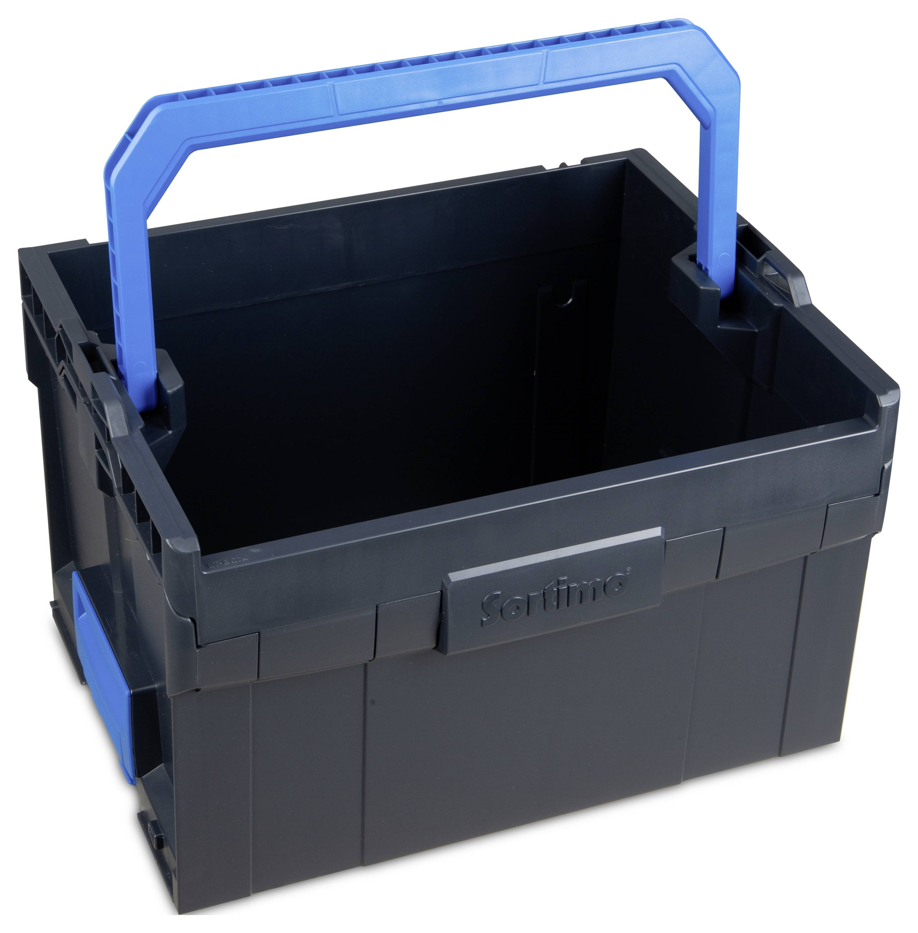 Czarna skrzynka transportowa z tworzywa sztucznego z niebieskim, składanym uchwytem. Odpowiednia do przechowywania i łatwego transportu przedmiotów.
