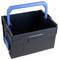 Czarna skrzynka transportowa z tworzywa sztucznego z niebieskim, składanym uchwytem. Odpowiednia do przechowywania i łatwego transportu przedmiotów.