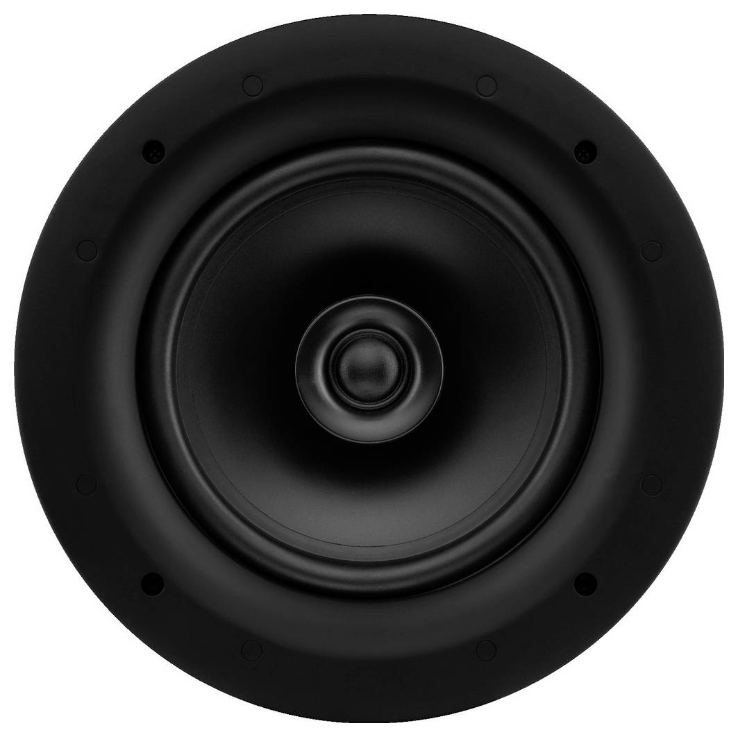 Czarny głośnik w zbliżeniu, sfotografowany centralnie i bezpośrednio z przodu, ukazuje membranę i zewnętrzne pierścienie.