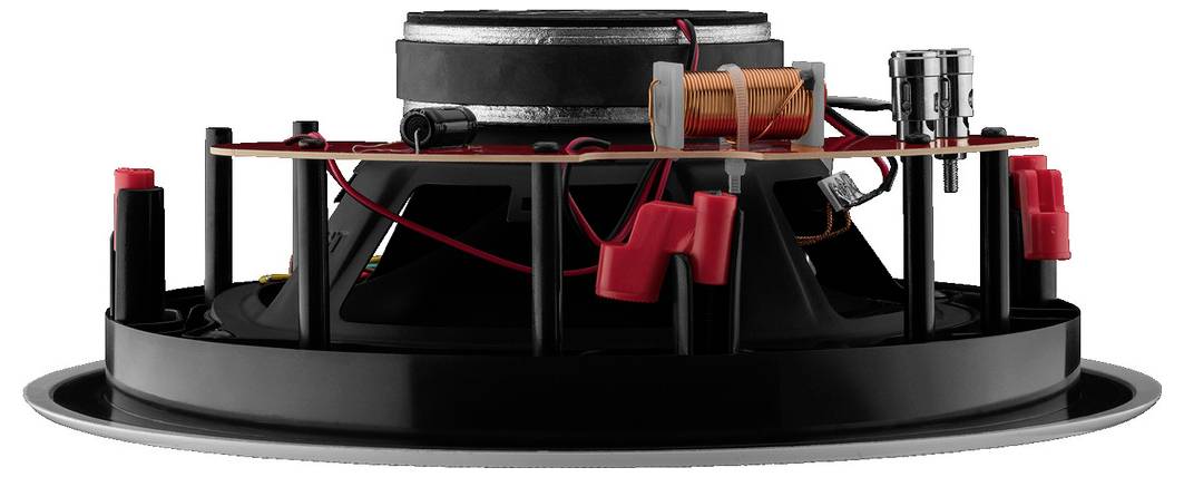 Zbliżenie bocznego widoku przetwornika głośnikowego, ukazujące okablowanie, cewkę i szczegóły strukturalne, bez obudowy.