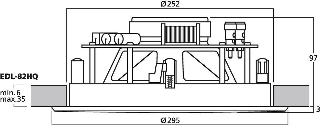 Rysunek techniczny okrągłego oprawy sufitowej, model EDL-82HQ. Wymiary: średnica 295 mm, wysokość 97 mm. Głębokość montażu: 35 mm.
