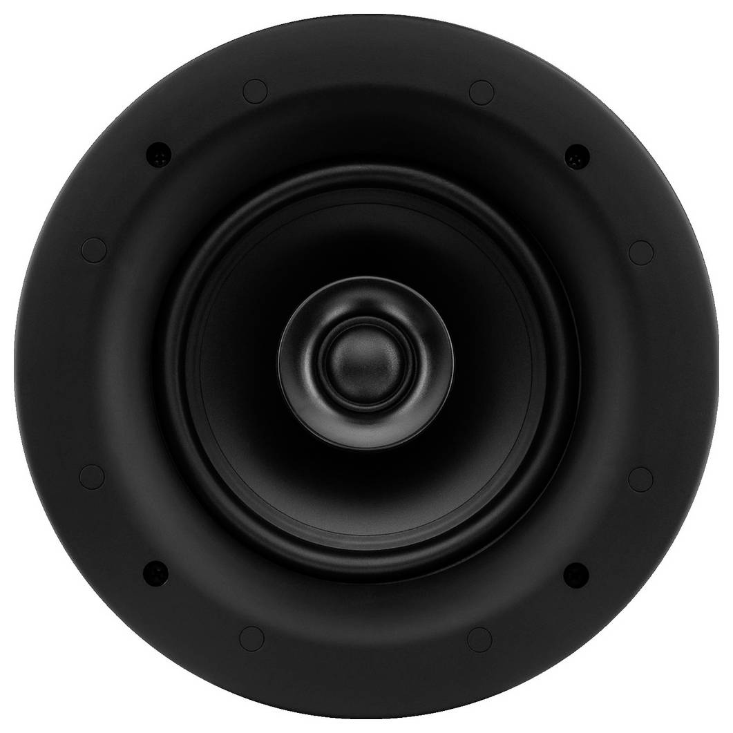 Okrągły czarny głośnik z widocznym stożkiem membrany, umieszczony centralnie w środku kadru.