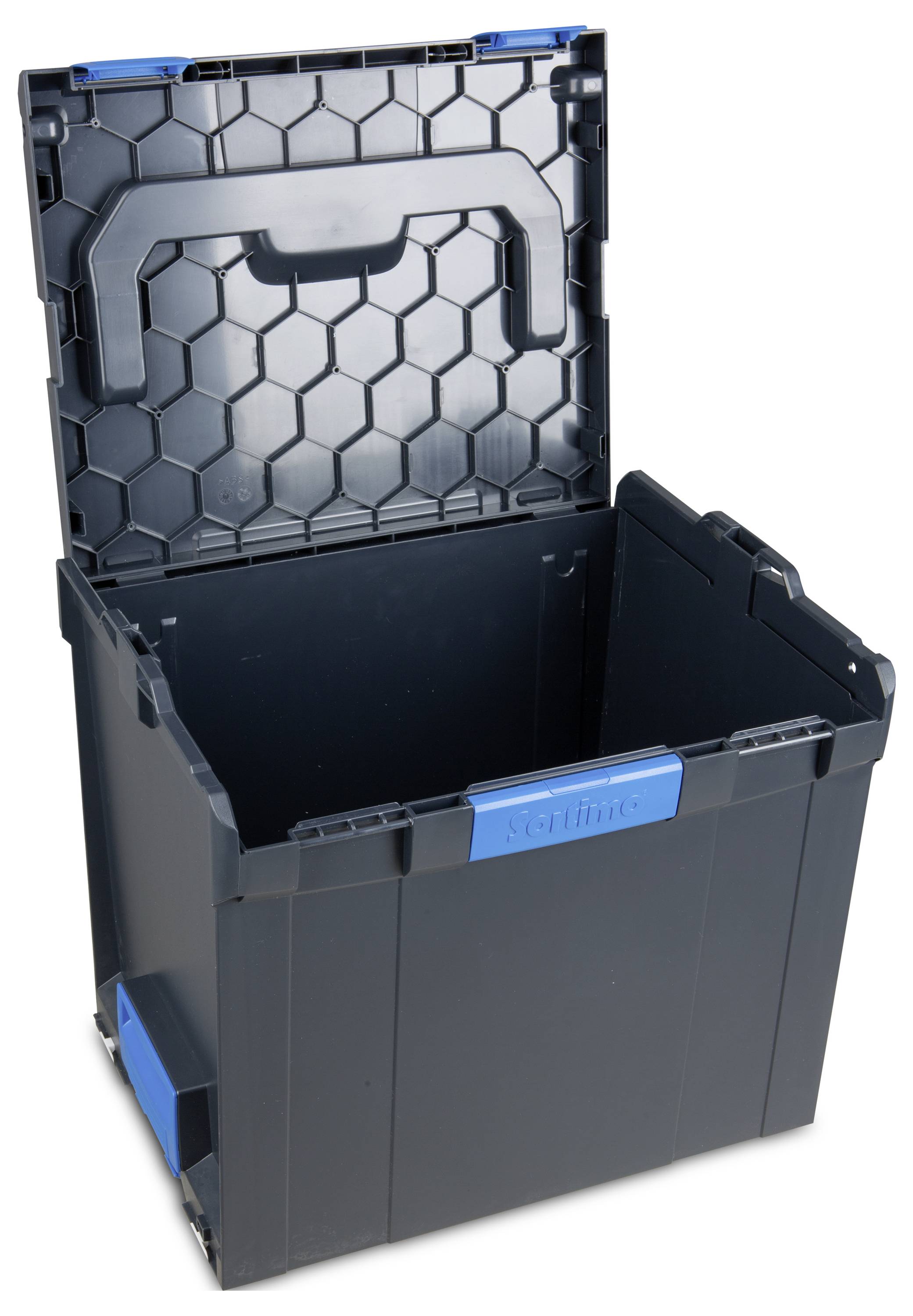 Otwarta czarna plastikowa skrzynka z niebieskimi uchwytami i sześciokątnym wzorem na pokrywie.