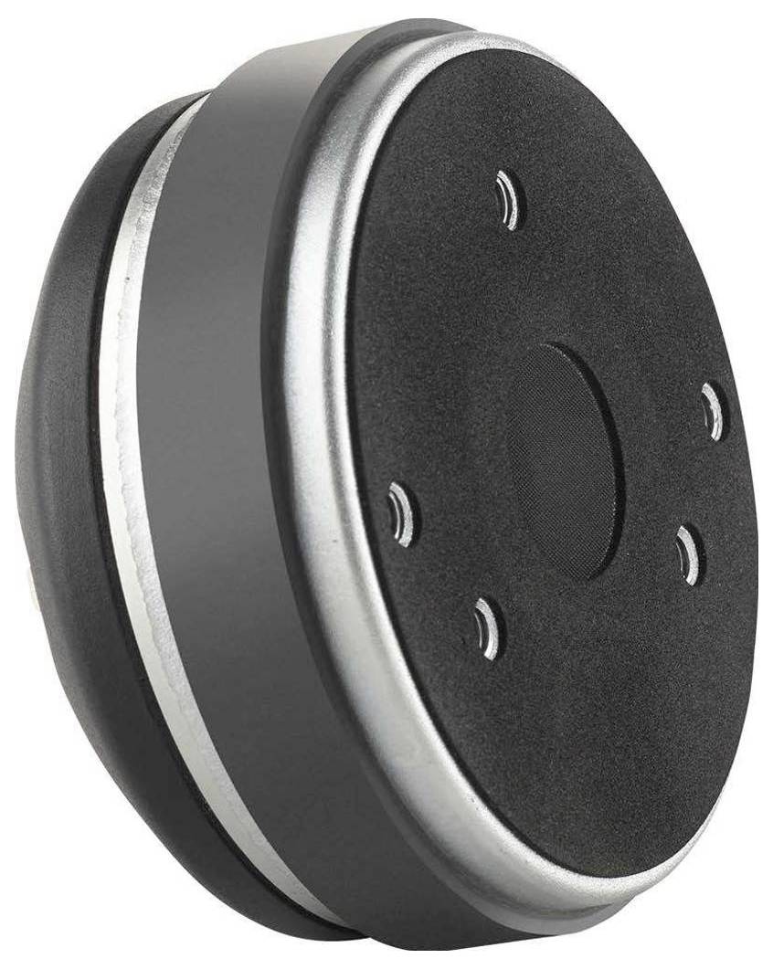 Okrągły mechanizm, prawdopodobnie element urządzenia elektrycznego, o czarnej powierzchni i srebrnym obrzeżu.