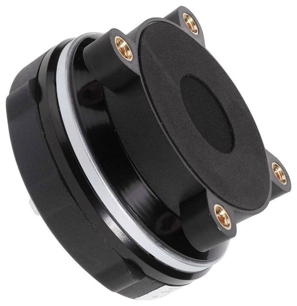 Czarny napęd magnetyczny o okrągłym kształcie z czterema metalowymi punktami mocowania, prawdopodobnie przeznaczony do zastosowania w systemach głośnikowych.