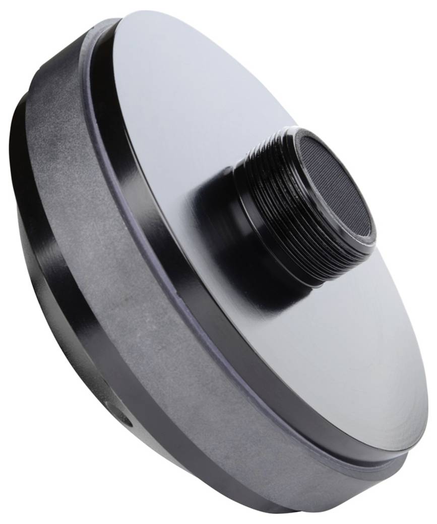 Okrągły element techniczny wykonany z gładkiego, lśniącego metalu z grubym gwintem na górnej części, prawdopodobnie stanowiący element większego systemu mechanicznego.