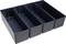 Czarne, prostokątne pojemniki plastikowe ułożone w rzędzie, odpowiednie do przechowywania lub organizacji przedmiotów.