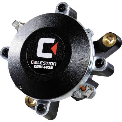 Głośnik Celestion o numerze modelu CDX1-1425, czarny, metalowy, z wyrazistym logo pośrodku.