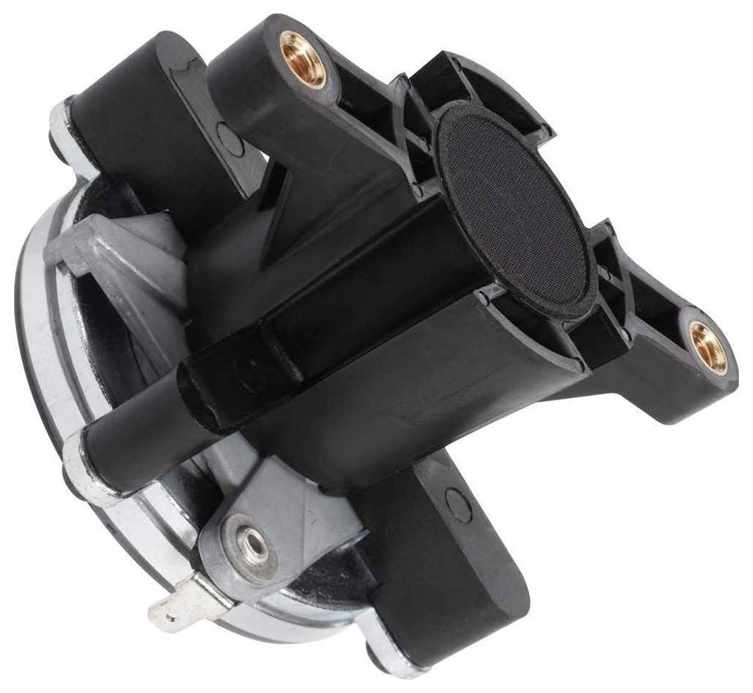 Czarny, metalowy element samochodowy z dwoma złączami wtyczkowymi i okrągłym czujnikiem pośrodku, stosowany w systemach zapłonowych.