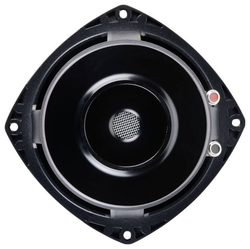 Zbliżenie okrągłego głośnika z czarną obudową, z widoczną metalową siatką maskownicy w centrum.
