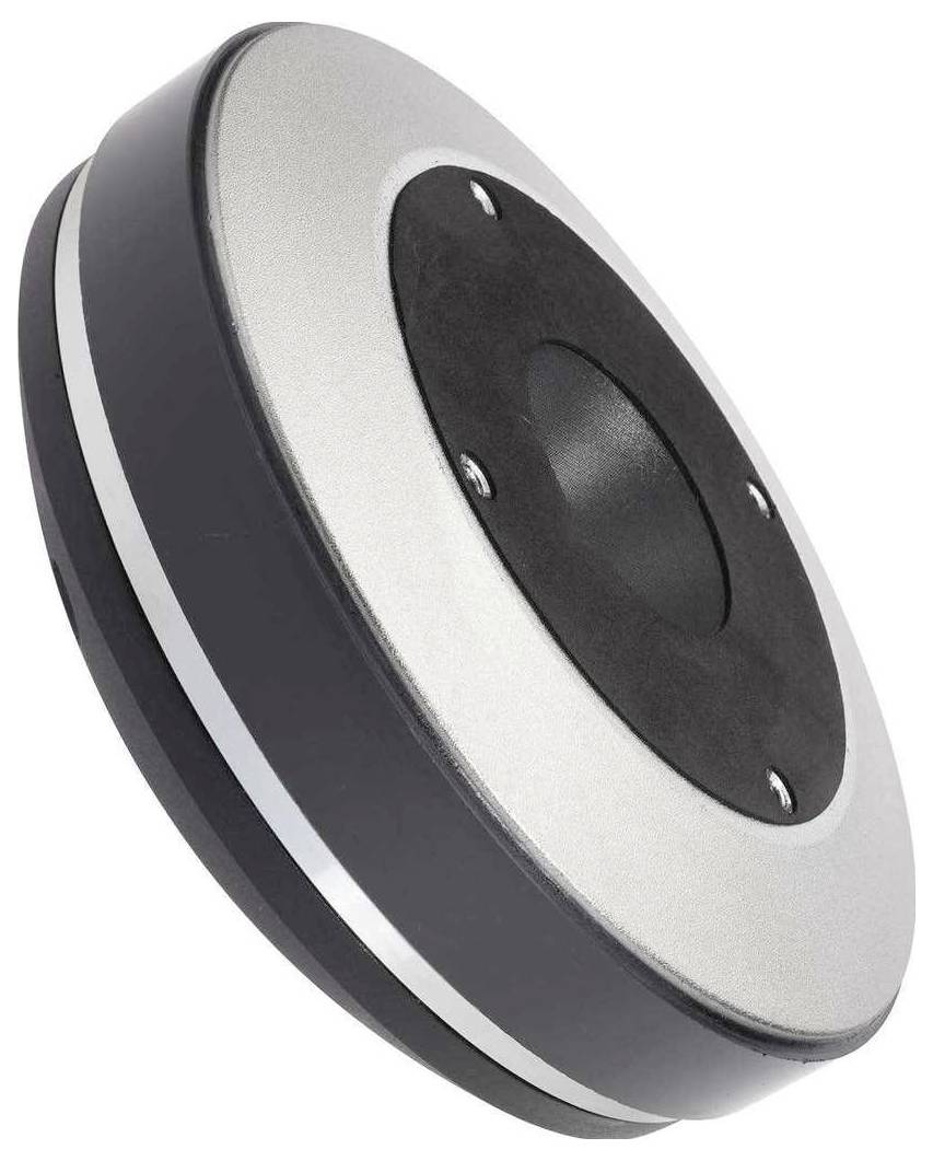 Metalowy elektromagnes w okrągłym, płaskim kształcie, głównie czarny i srebrny, przymocowany śrubami na obwodzie.