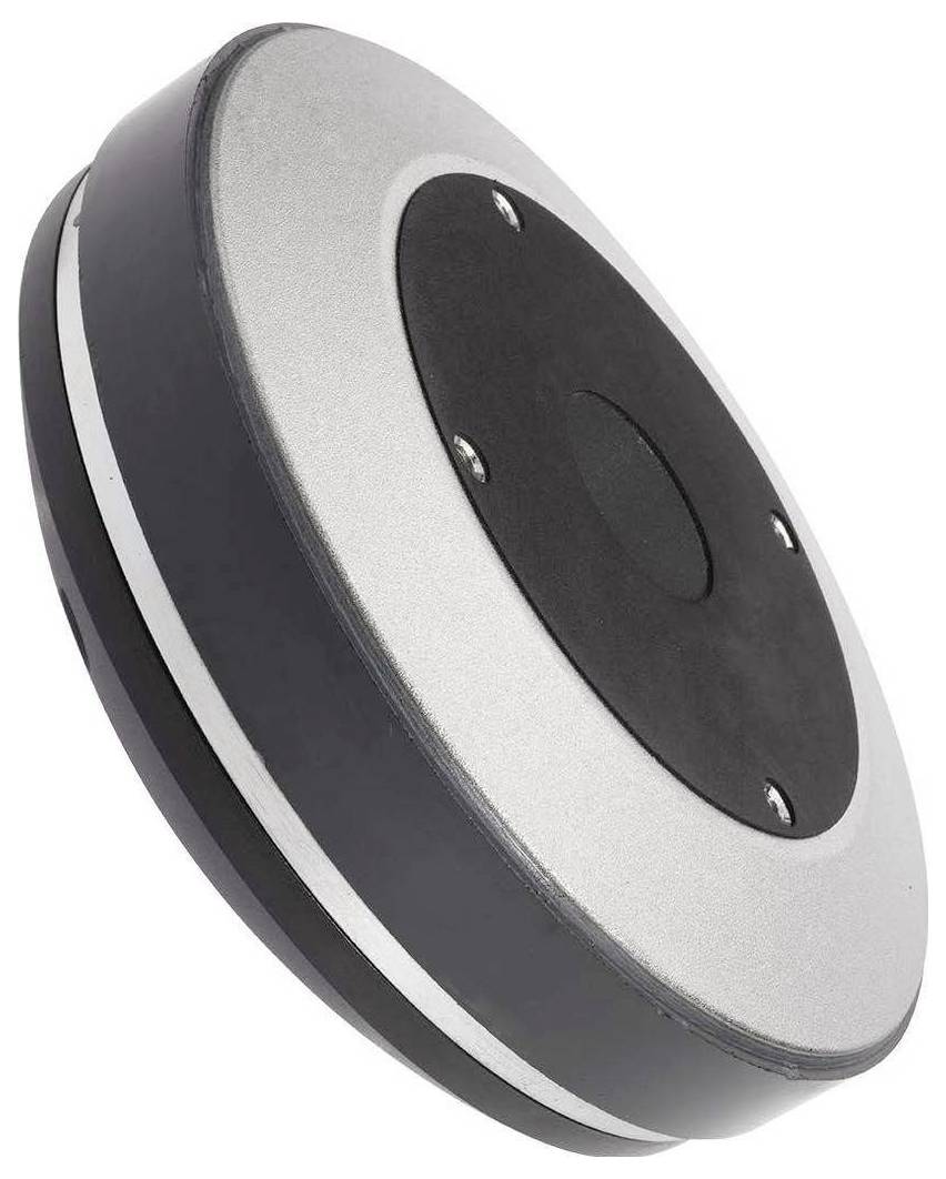 Okrągły, płaski, metaliczny obiekt z czarną krawędzią, prawdopodobnie podstawa magnetyczna lub przemysłowa stopka.