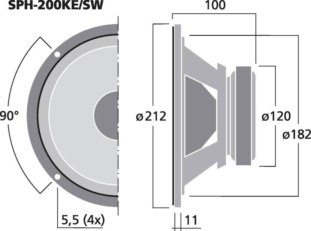 'Głośnik SPH-200KE/SW rysunek techniczny: Średnica 212 mm, głębokość 100 mm, średnica otworu 5,5 mm (4x), głębokość montażu 11 mm.'