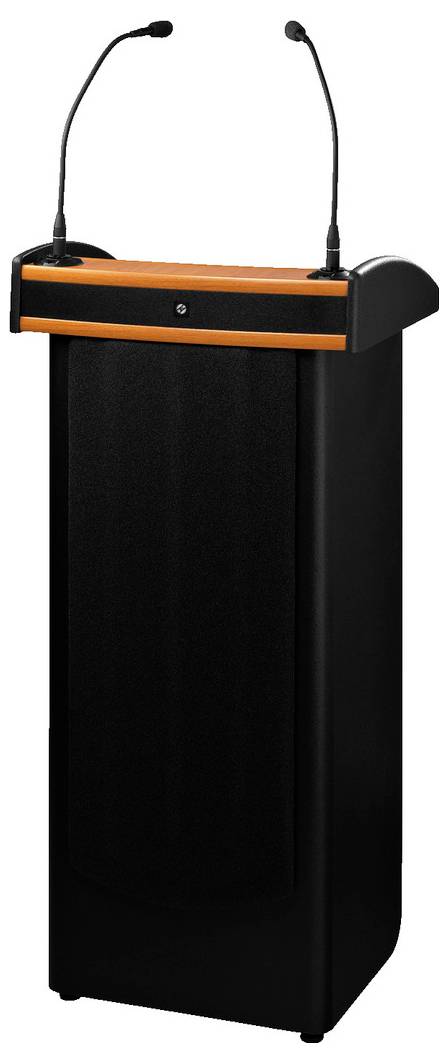 Czarna mównica z dwoma mikrofonami, pomarańczowa listwa akcentowa.