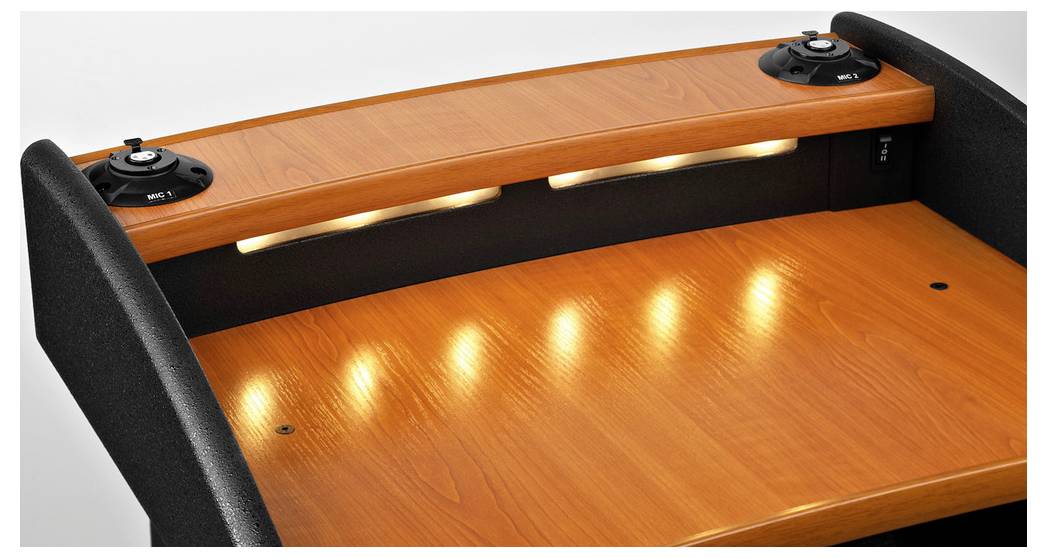 Drewniany pulpit z wbudowanym oświetleniem i głośnikami. Idealny do środowiska prezentacji lub wystąpień publicznych.