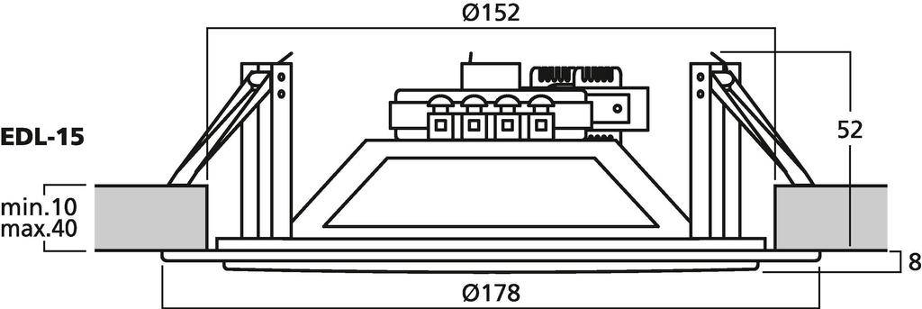 Rysunek techniczny głośnika wpuszczanego EDL-15, przedstawiający widok z boku z wymiarami: średnica 152 mm, głębokość 52 mm.