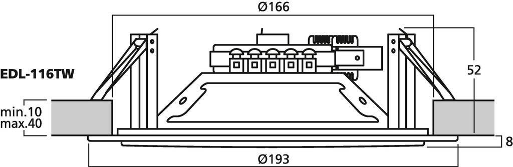 Diagram oprawy wpuszczanej z wymiarami: średnica 166 mm, głębokość 52 mm, całkowita średnica 193 mm. Numer modelu 'EDL-116TW'.