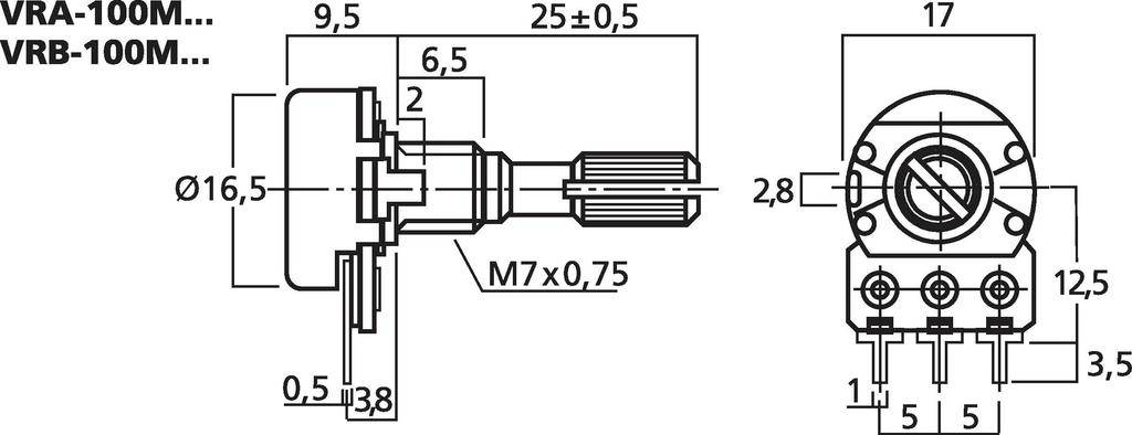 Rysunek techniczny potencjometru z różnymi wymiarami i oznaczeniami dla modeli VRA-100M i VRB-100M.