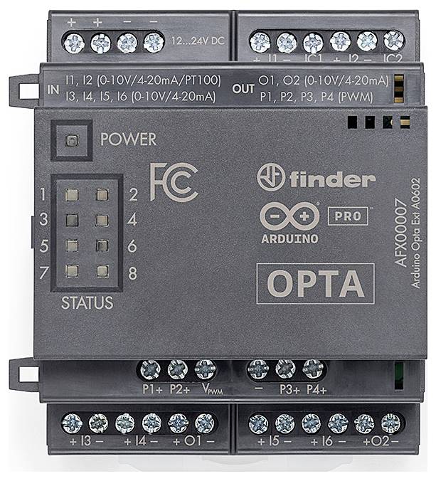 Elektroniczny sterownik z wieloma złączami i oznaczeniami takimi jak 'Power', 'Status' i 'OPTA', z logo Arduino.