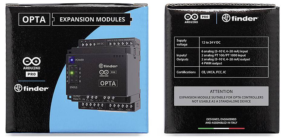 Opakowanie modułów rozszerzających OPTA dla Arduino Pro. Po lewej: moduł z wyświetlaczami i złączami. Po prawej: specyfikacja techniczna.