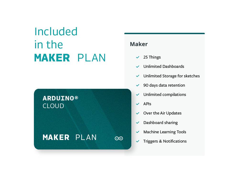 Plan "Maker" w chmurze Arduino: Zawiera 25 urządzeń, nieograniczoną liczbę pulpitów nawigacyjnych, dostęp do API, uczenie maszynowe, powiadomienia.