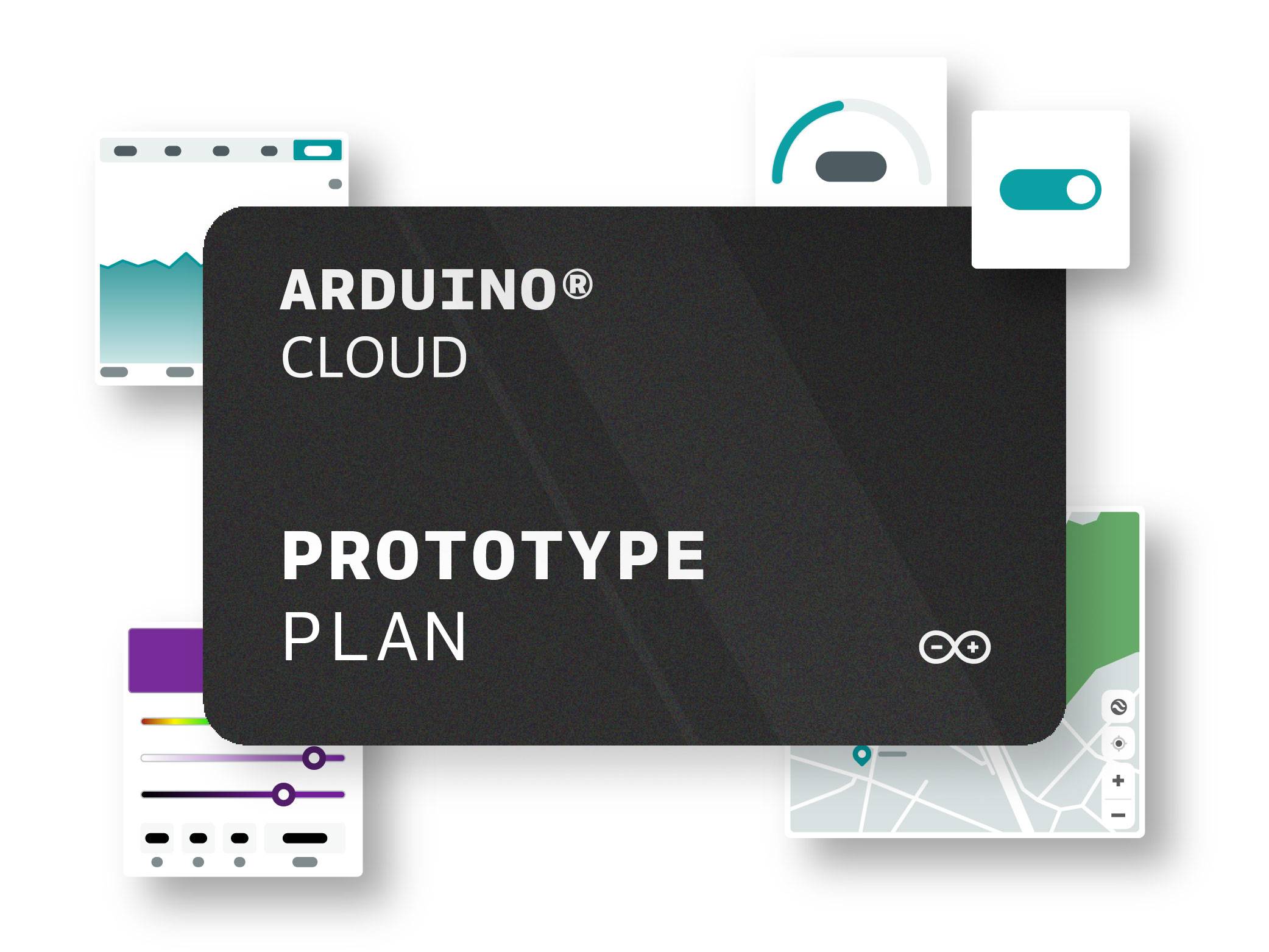 Plan prototypu Arduino Cloud na czarnym tle z ilustracjami diagramów i map w tle.