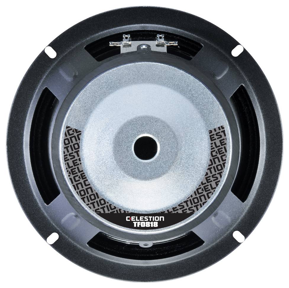 Głośnik z napisem 'Celestion TF0818' pośrodku, otoczony okrągłą metalową ramką.