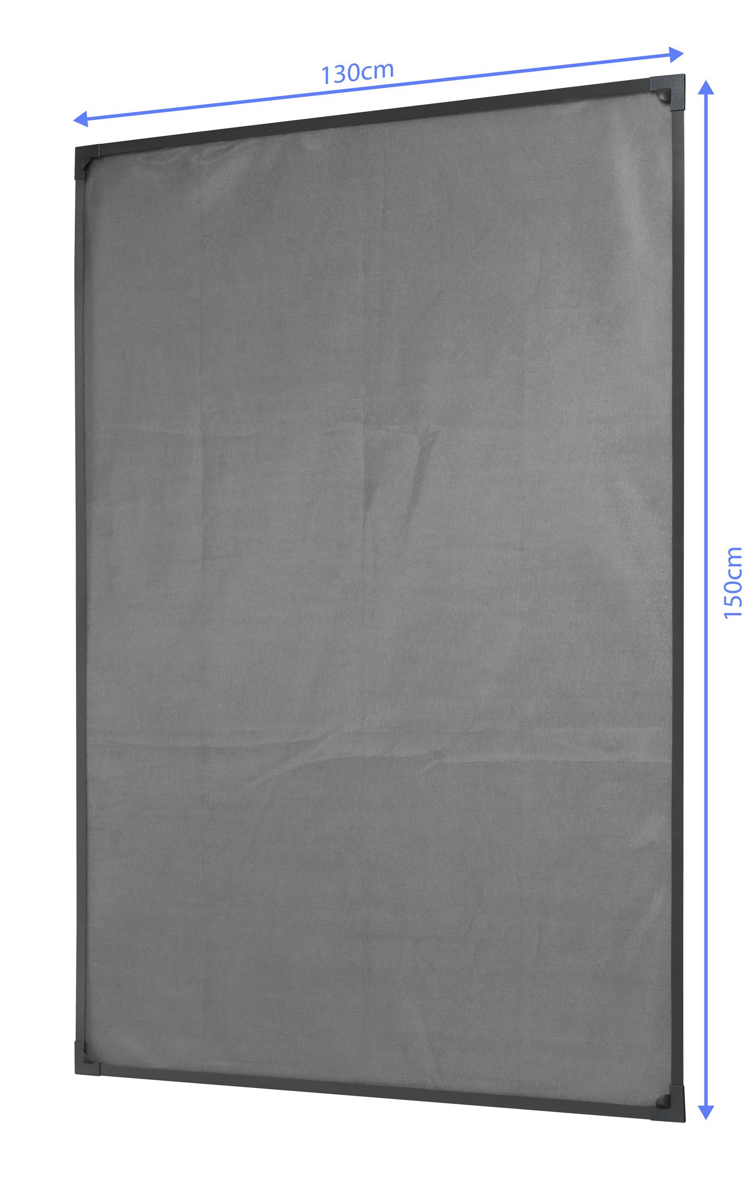 Szare siatki przeciw owadom w kształcie prostokąta o wymiarach 130 cm szerokości i 150 cm wysokości. Idealne do zakrywania okien.