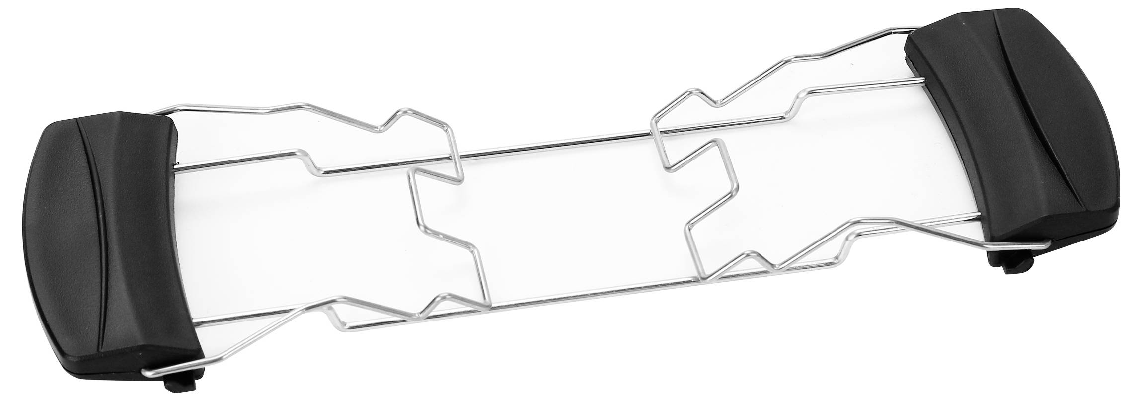 Metalowe urządzenie mocujące z dwoma czarnymi, okrągłymi uchwytami na końcach, prawdopodobnie przeznaczone do mocowania lub stabilizacji.