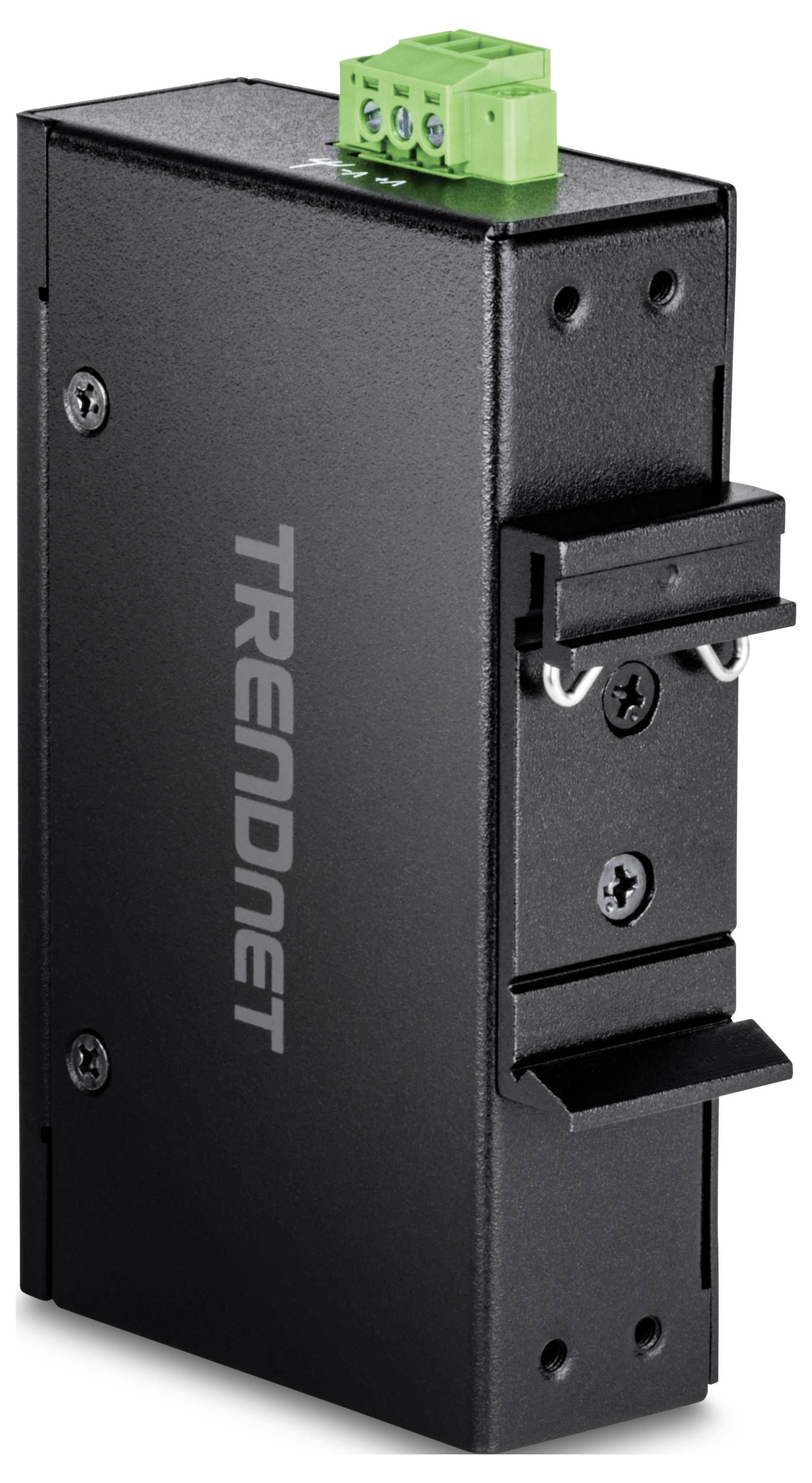 Czarny przełącznik sieciowy TRENDnet z zielonym złączem zasilania na górze. Kompaktowa konstrukcja.