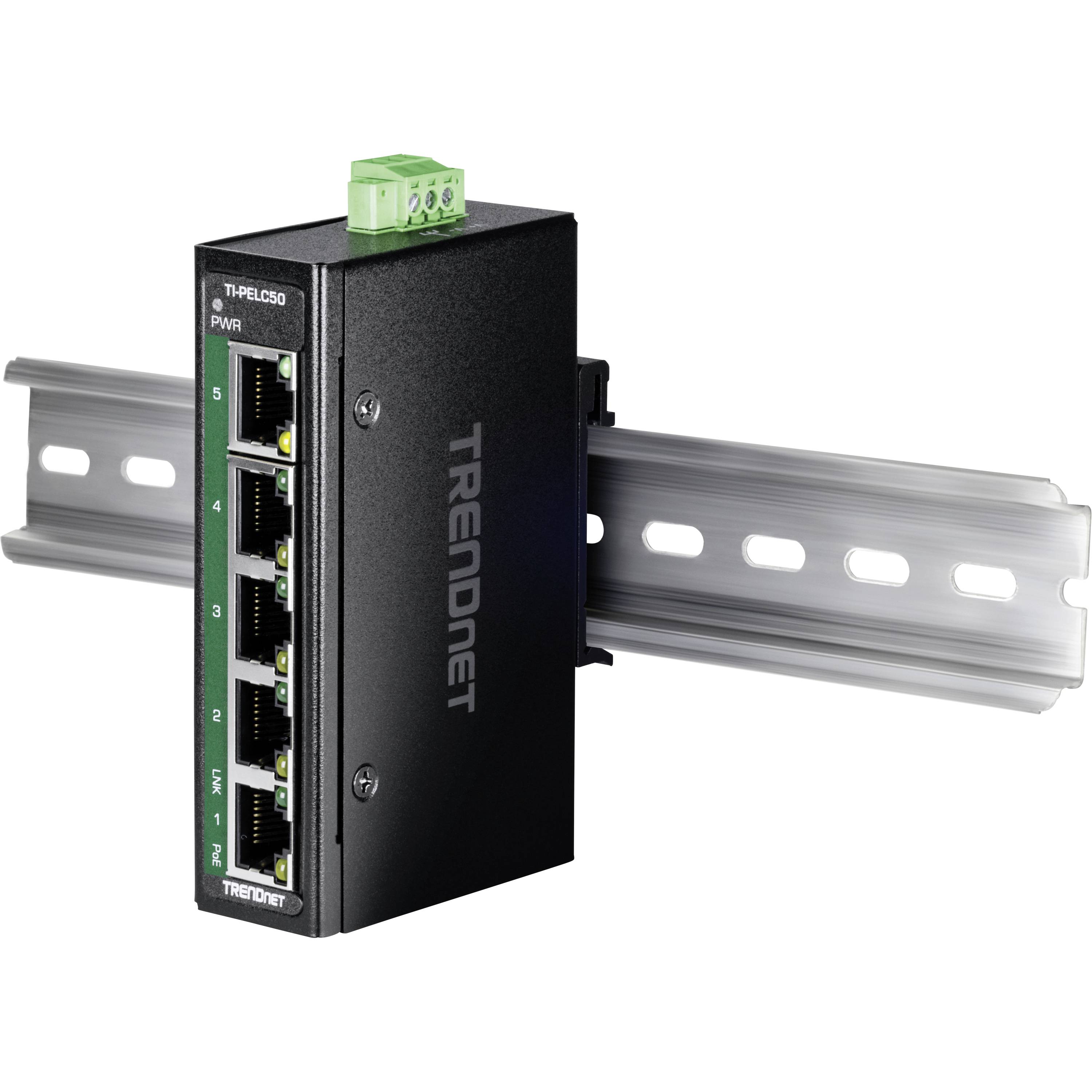 Przełącznik sieciowy z pięcioma portami Ethernet, zamontowany na szynie metalowej. Nazwa marki widoczna z boku.