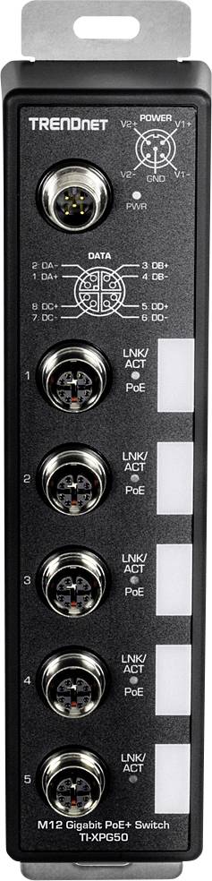 Przełącznik sieciowy firmy TRENDnet. Zielona dioda zasilania na górze. Sześć portów Ethernet poniżej. Napis "M12 Gigabit PoE+ Switch".