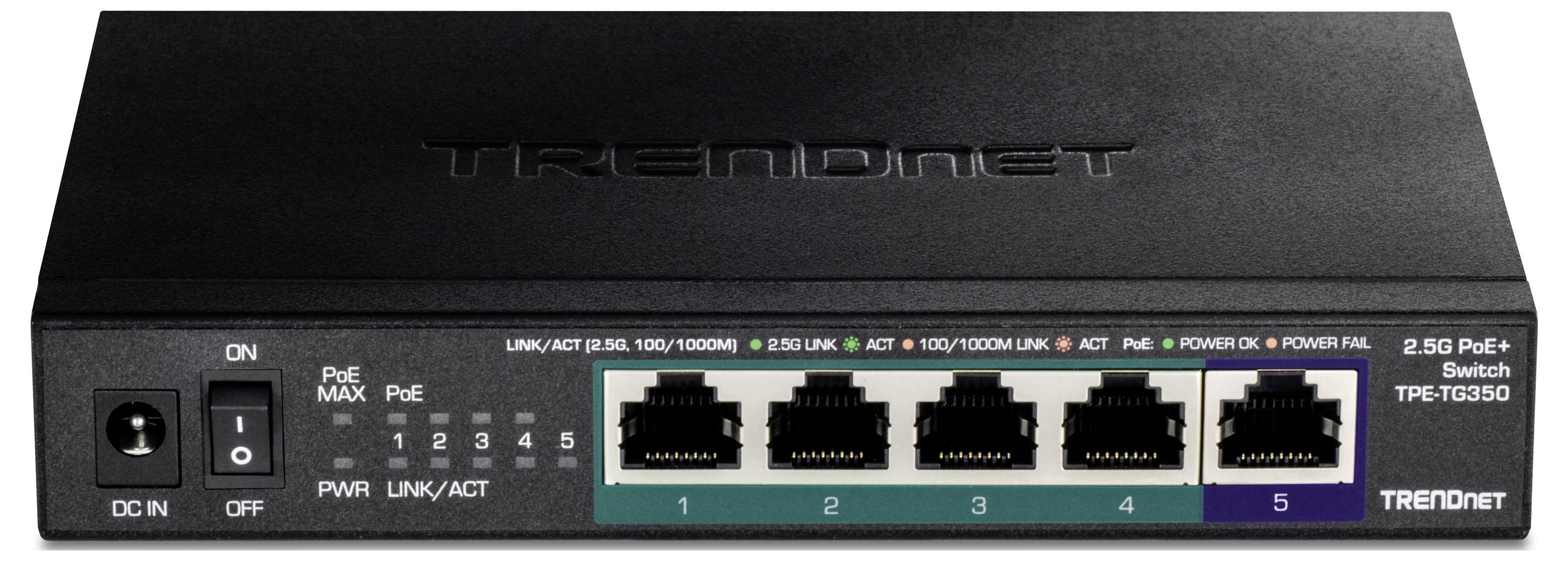 Przełącznik Trendnet TPE-TG350 2.5G PoE+ z pięcioma portami Ethernet, wyposażony w diody LED sygnalizujące połączenie i aktywność. Odpowiedni do połączeń sieciowych.