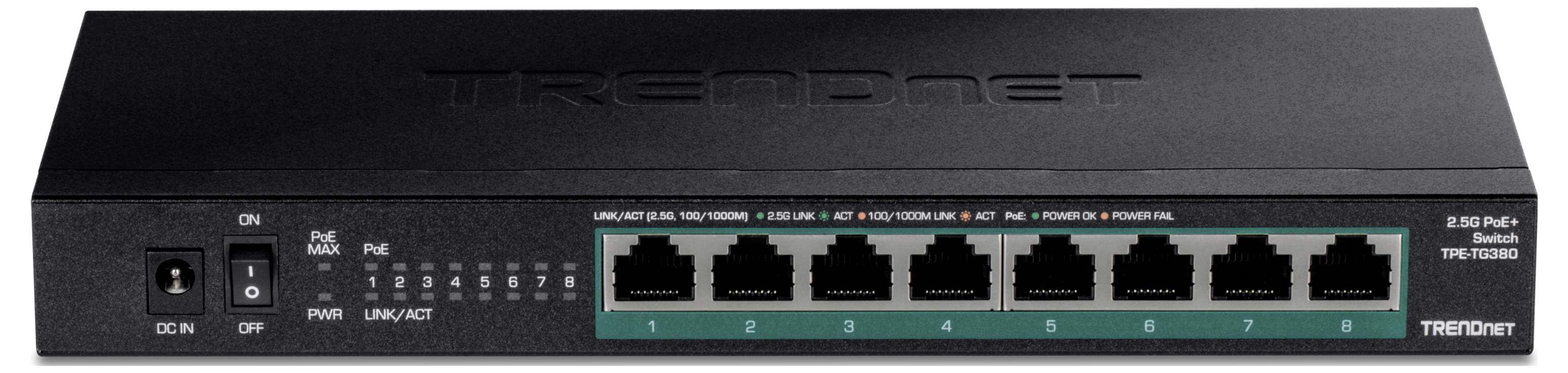 8-portowy przełącznik Gigabit Ethernet w czarnej obudowie, rozpoznawalny po napisie 'TRENDnet'. Po lewej stronie znajduje się włącznik zasilania oraz diody statusowe.