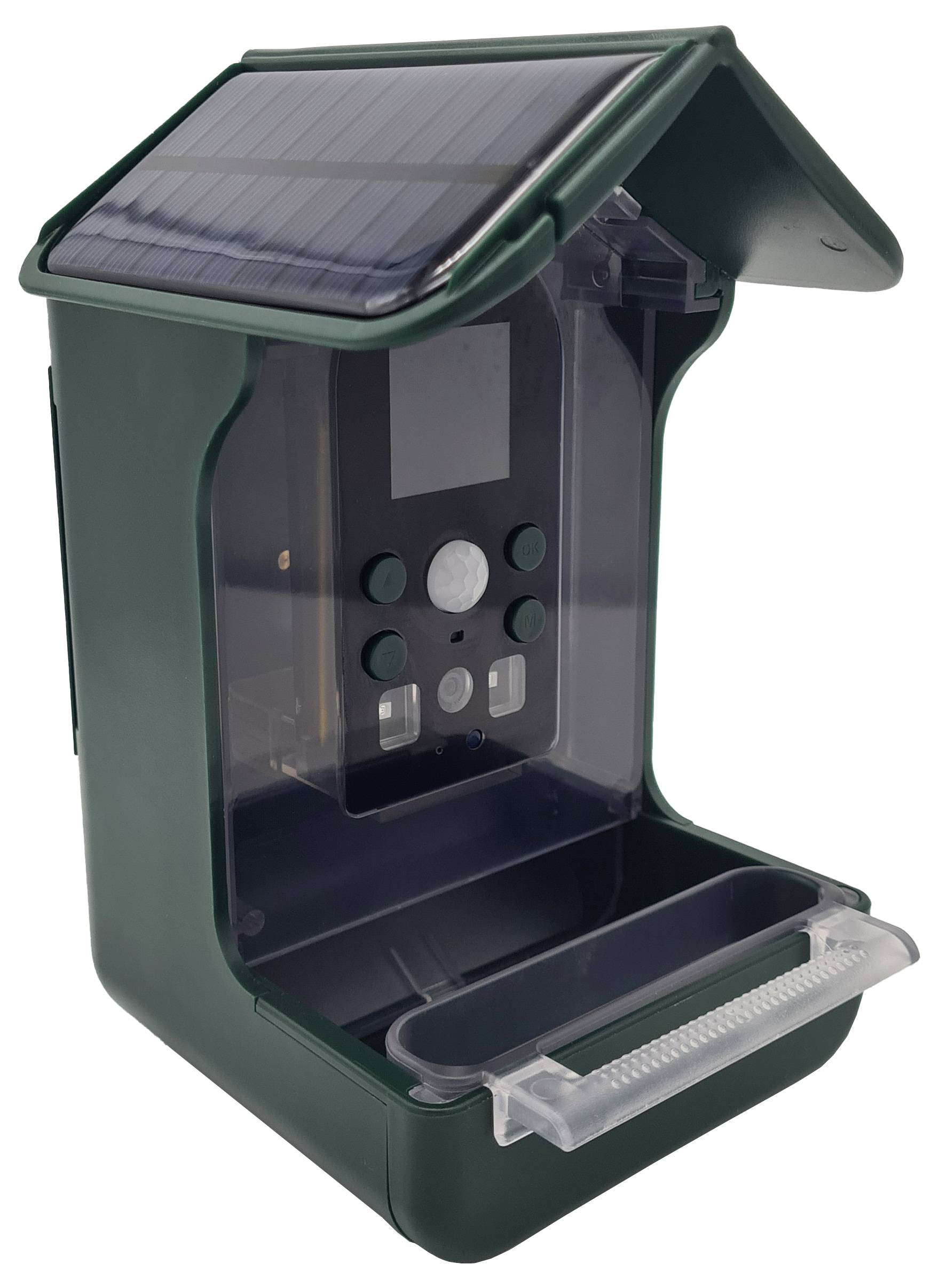 Zielony, zasilany energią słoneczną sprzęt z otwartymi panelami, przyciskami i wyświetlaczem do monitorowania lub sterowania funkcjami na zewnątrz.