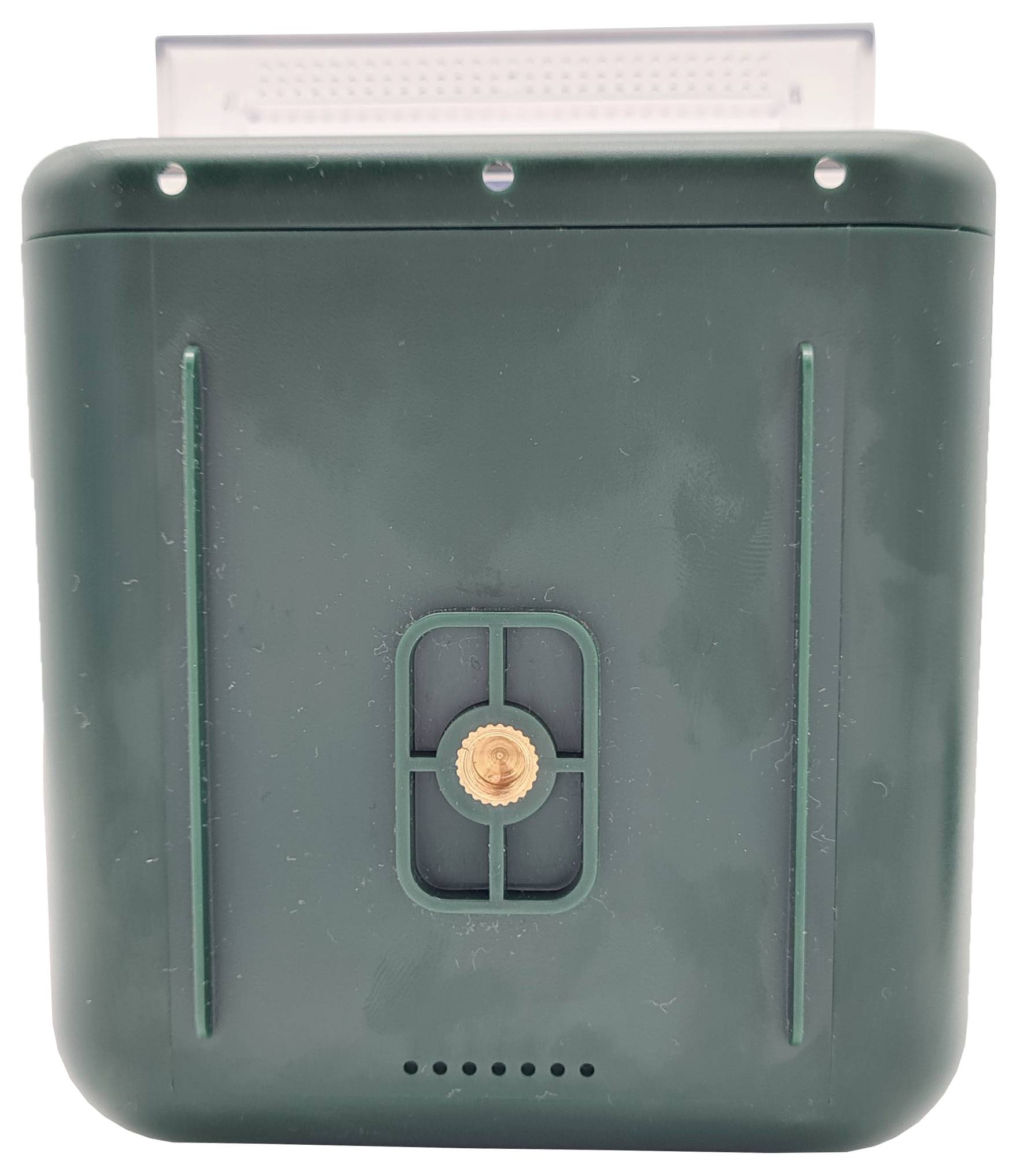 Jasnozielony, prostokątny przedmiot z centralnym okrągłym wkładem; prawdopodobnie urządzenie techniczne do montażu lub mocowania.