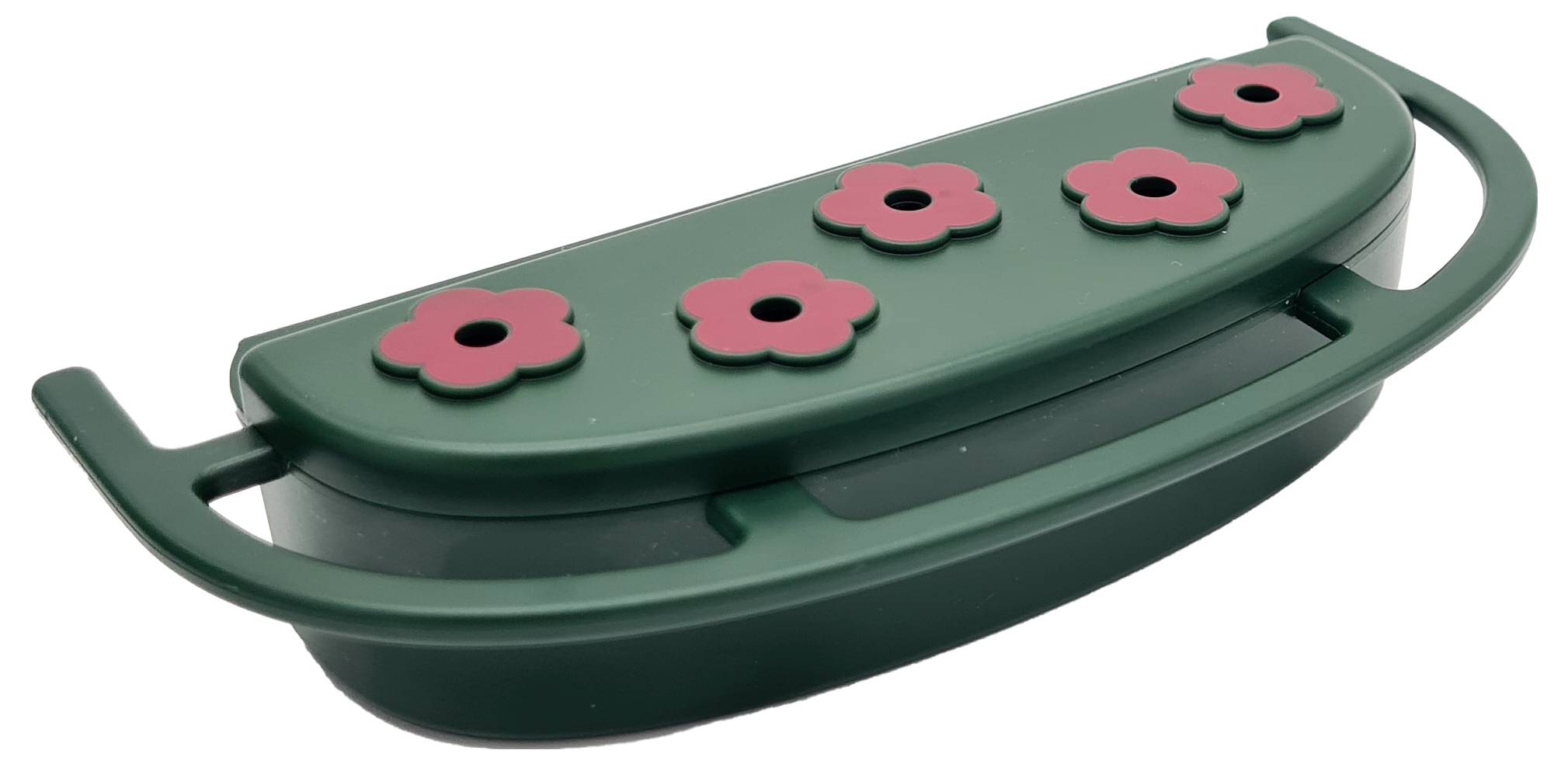 Zielona plastikowa zabawka w kształcie grochu z pięcioma czerwonymi kwiatkami na wierzchu, wyglądająca jak dekoracyjne pudełko do przechowywania.