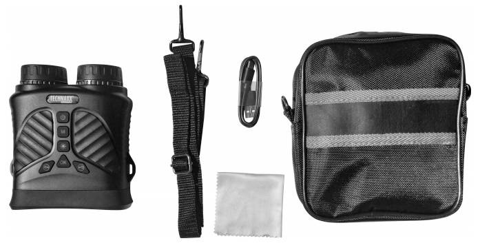 Lornetka z przyciskami, otoczona akcesoriami: etui, ściereczka do czyszczenia, kabel, pasek do noszenia. Idealna do aktywności na świeżym powietrzu.