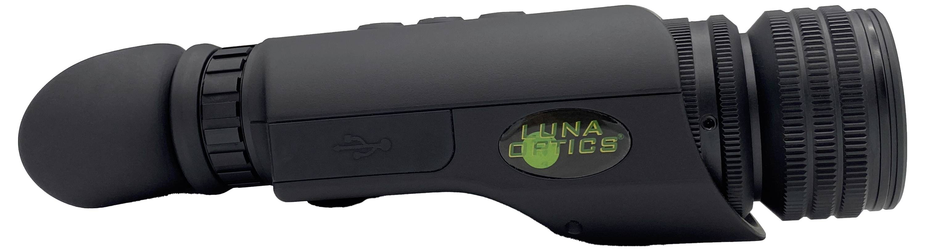 Urządzenie noktowizyjne w kolorze głównie czarnym, widziane z boku, z napisem 'Luna Optics'.