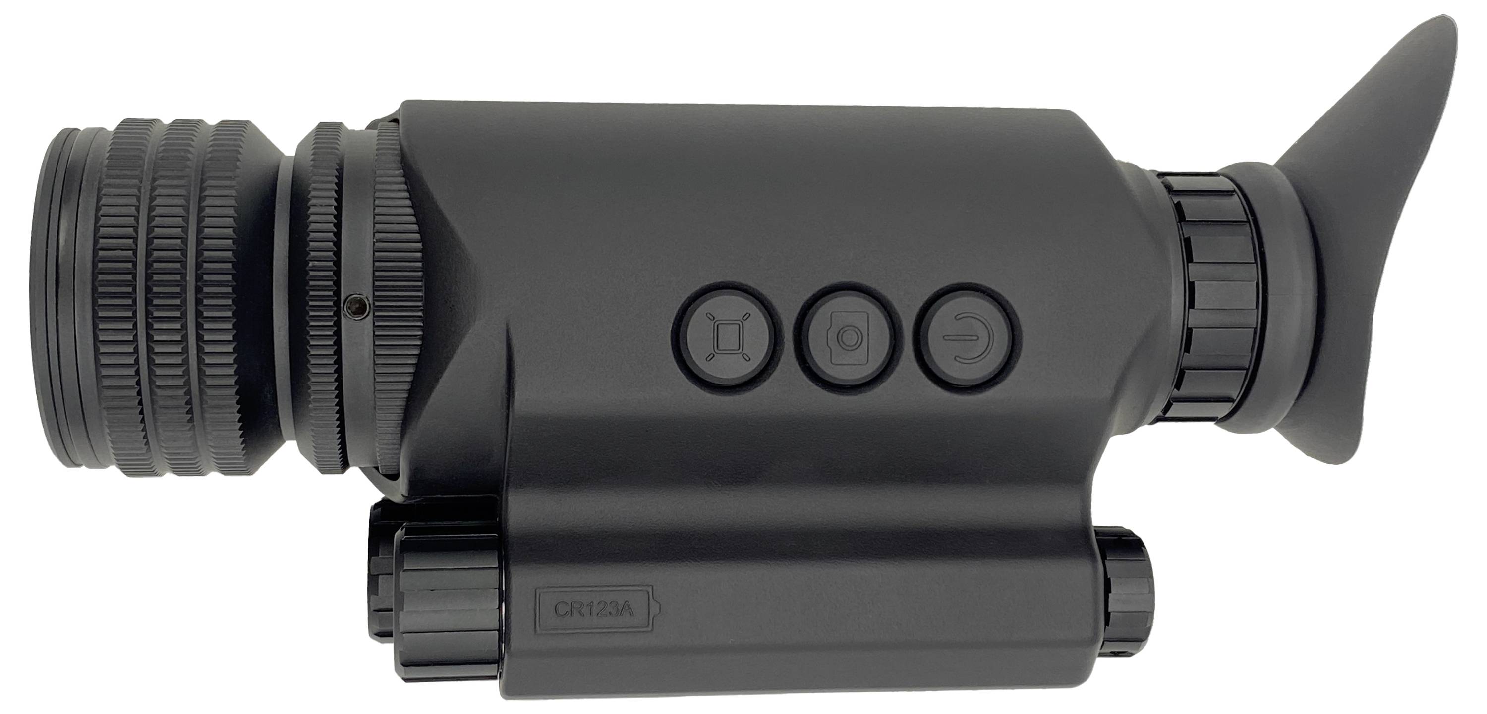 Czarny, przenośny lornetka noktowizor z kilkoma przyciskami ustawień po bokach, przeznaczony do obserwacji nocnych.
