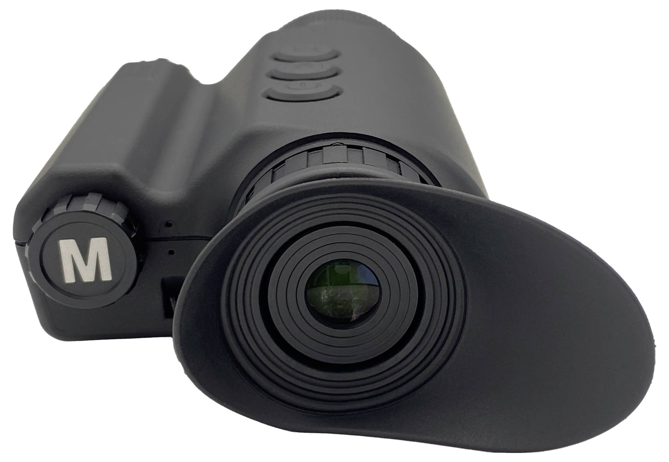 Czarny, podłużny przyrząd optyczny z dużym obiektywem z przodu i przyciskiem z napisem "M" po lewej stronie.